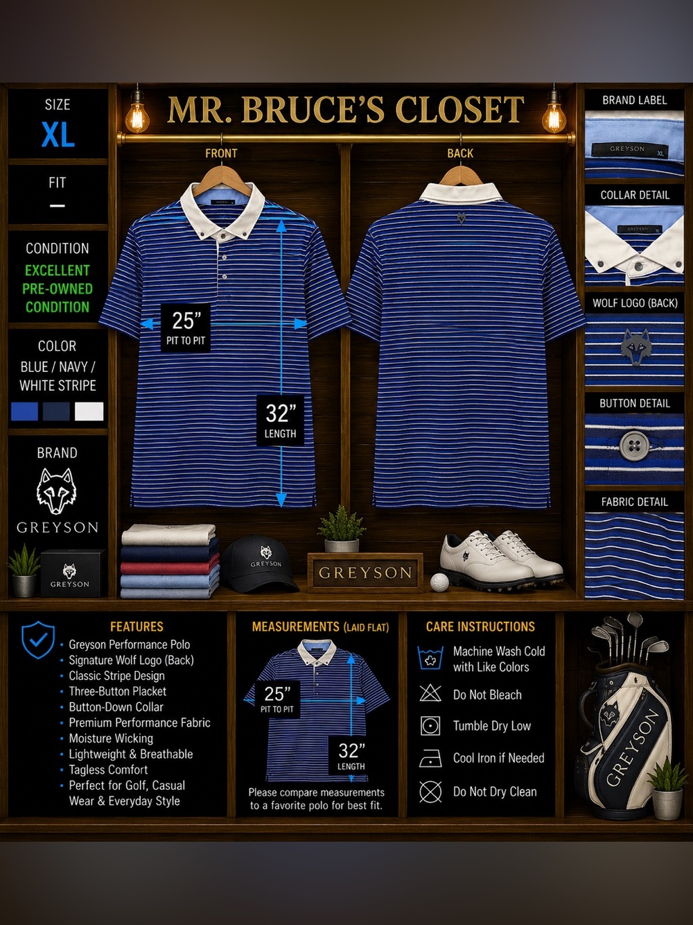 Greyson Men’s Blue & White Striped Performance Polo